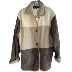 Vtg Herman Kay Wool Blend Colorblock Coat Womens 8 Brown Beige 80s Utility